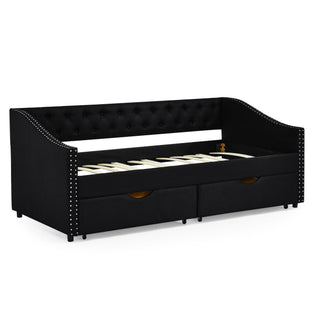 Upholstered Tufted Daybed With 2 Drawers, Waved Arms