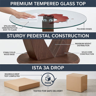 2 In 1 Round Glass Dining Table With Adjustable Curved Base, - Transparent / Walnut