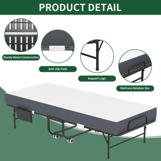 Twin Folding Bed With Memory Foam Mattress, On Wheels, Portable Bed For Adults & Guests - Black