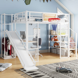 Loft Bed With Built In Desk, Open Wardrobe, Basketball Hoop, Slide And Staircase