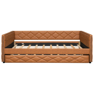 Upholstered Full Long Daybed With Trundle And LED Armrests - Brown