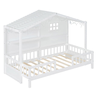 House Bed With Shelves, Window And Sparkling Light Strip On The Roof