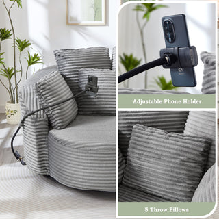 Swivel Accent Barrel Chair With Adjustable Phone Holder, 5 Pillows For Living Room