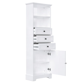 Tall Storage Cabinet With 3 Drawers And Adjustable Shelves For Bathroom