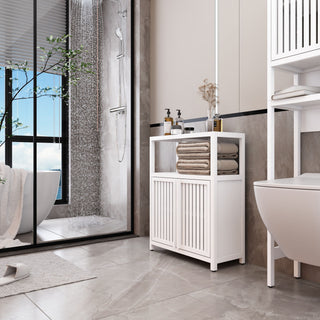 Bamboo Large Capacity Storage Cabinet With Shelves For Bathroom And Living Room - White