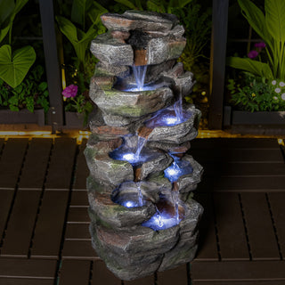 Rock Waterfall Outdoor Fountain With LED Lights - Gray