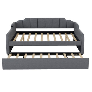 Full Size Upholstered Daybed With Trundle And USB Charging - Gray
