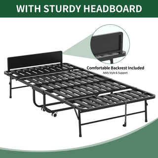 Twin Folding Bed With Adjustable Headboard, Memory Foam For Tall People, Heavy-Duty Portable On Wheels, Easy Assembly - Black