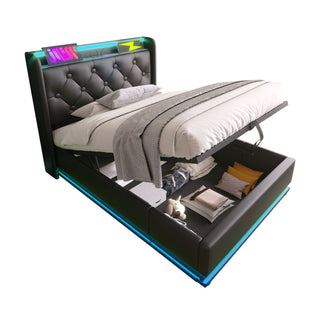 Upholstered Bed, 360 Surround LED Function, Remote Control, Hydraulic Storage Bed With USB, Type-C Charging (Without Mattress)