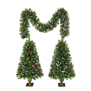 Pre Lit Artificial Christmas Tree Set With LED Lights, 3 Piece Garland And Entrance Trees, Warm Lighting, Indoor Use Only - Green
