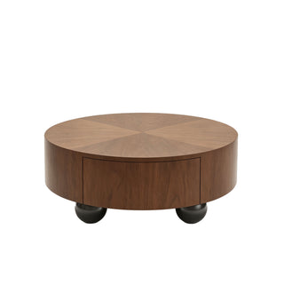 Drum Shaped Coffee Table With Hidden Storage Drawer, Low Profile For Living Room - Walnut