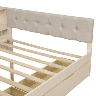 Upholstered Headboard Platform Bed With Storage Shelves, Drawers, Charging Station