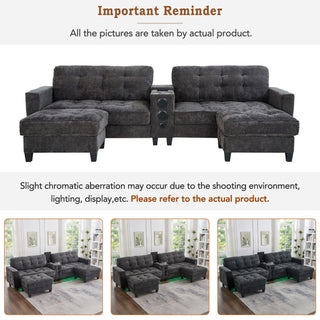 Modern Sectional Sofa U-Shaped With Movable Ottomans, tooth Speakers, LED Lights And Modular Storage