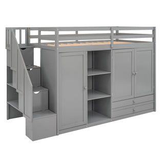 Loft Bed With 3 Shelves, 2 Wardrobes, 2 Drawers, Ladder Storage