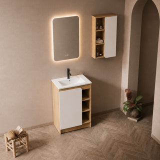 24" Bathroom Vanity With Sink & Wall Mounted Side Cabinet, Vanity Set With Thin Edge Sink, Interchangeable & Door Panels, Open & Hidden Storage - Black / Light Oak / White