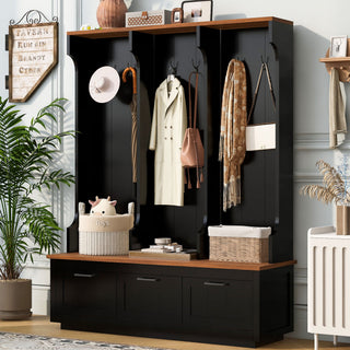 Hall Tree With Bench And Shoe Storage, 3 Large Drawers, Open Storage Shelves & Hooks