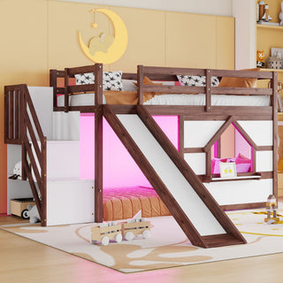 Loft Bed With Storage Stairs, Slide, Playhouse Window And 7 Colors LED Lights