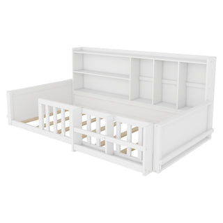 Platform Bed Frame With Guardrail, Storage Shelves & Bookshelf