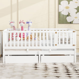 Daybed With Fence Guardrails And 2 Drawers, Split Into Independent Floor Bed & Daybed