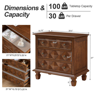 Nightstand With Charging Station, 3 Drawer Bedside Table - Walnut
