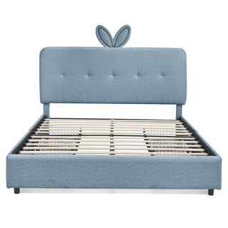 Upholstered Bed With Oversized Rabbit Ear Headboard, LED Lights & 4 Storage Drawers