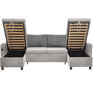 Sectional Sofa Bed With Pull Out Sleeper, USB Ports, Cup Holders