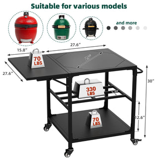 Outdoor Grill Table, Prep Cart With Wheels, Storage Shelf And Hooks - Black