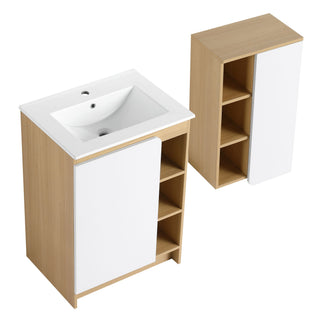 24" Bathroom Vanity With Sink & Wall Mounted Side Cabinet, Vanity Set With Thin Edge Sink, Interchangeable & Door Panels, Open & Hidden Storage - Black / Light Oak / White