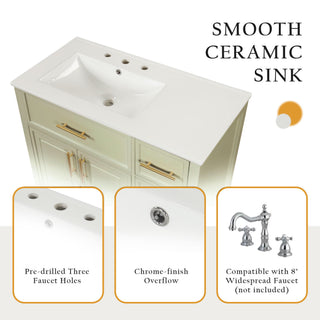 36" Bathroom Vanity With Sink, 2 Doors, 3 Drawers, Rectangular - White