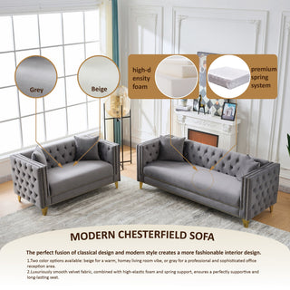 3 And 2 Seater Deep Seat Sofa With Button Nailhead, Square Arm Couches, Furniture For Living Room - Gray
