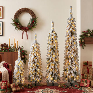4 Pack Slim Pencil Christmas Trees With Snow Tips, Warm LED Lights, For Indoor Use - Green