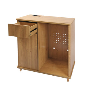 Fluted Coffee Bar Cabinet With Mini Fridge Space & Charging Station - Natural