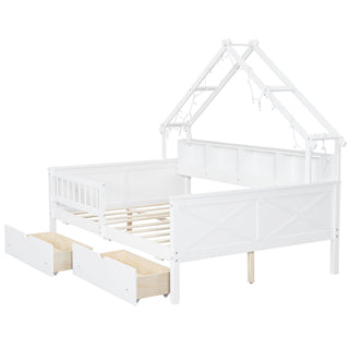 House Style Platform Bed With LED Lights, Storage Shelves, Drawers, And Guardrail