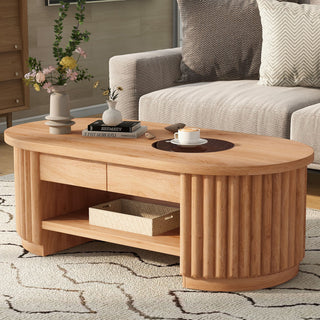 Fluted Oval Coffee Table With Drawers, 2 Tier Cocktail Table