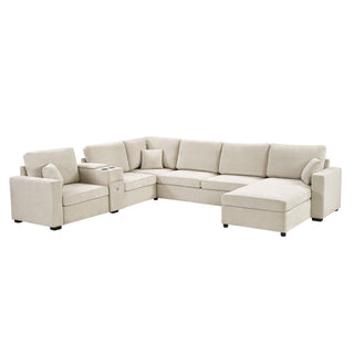 Modular 5 Seat U-Shape Sectional Sofa With Chaise Lounge, Built In Cup Holders And Storage Drawer