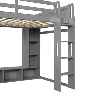 Full Size Gaming Loft Bed With Desk, Multi Storage Shelves, LED Lighting, And Hanging Clothes Rack - Gray