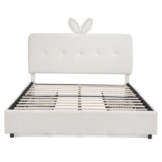 Upholstered Bed With Oversized Rabbit Ear Headboard, LED Lights & 4 Storage Drawers