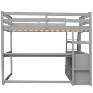 Modern Loft Bed With Built In Desk, Shelves, And 2 Drawers