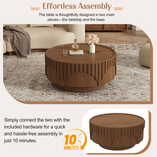 Round Fluted Drum Coffee Table With Sturdy Base For Living Room