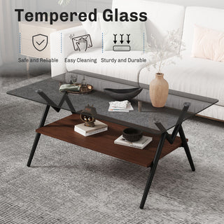 Rectangle Coffee Table With Tempered Glass Top And Shelf, Modern Table For Living Room