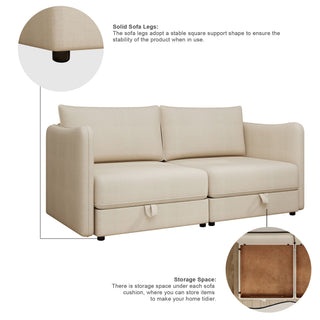 Modular Sectional Sofa With Storage, Convertible 2 Seater Sleeper Sofa - Beige
