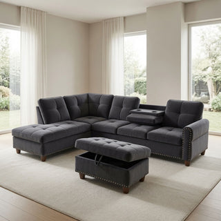 L - Shaped 3 Piece Sectional Sofa With Chaise, Storage Ottoman & Cup Holders