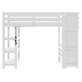 Loft Bed With 4 Layer Shelves, Storage Staircase, Small Wardrobe And LED Light