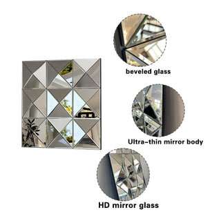 3D Beveled Wall Mirror With Frame, Large Square Design For Living Room - Silver