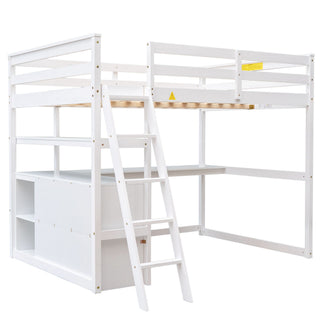 Modern Loft Bed With Built In Desk, Shelves, And 2 Drawers