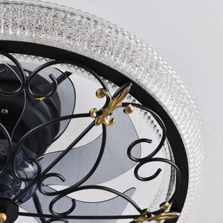 20" Caged Ceiling Fan With Remote Control And Crystal Sand Lampshade - Matte Black
