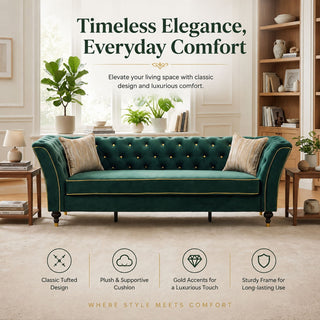3 Person Sofa With Deep Seat, Tufted Backrest