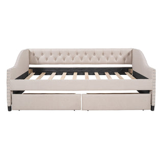 Upholstered Daybed With Two Drawers, Wood Slat Support