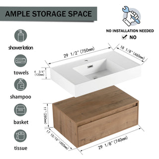 Wall Mounted Bathroom Vanity With Resin Sink And Soft Close Drawer In Imitative - Imitative Oak