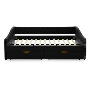 Upholstered Tufted Daybed With 2 Drawers, Waved Arms